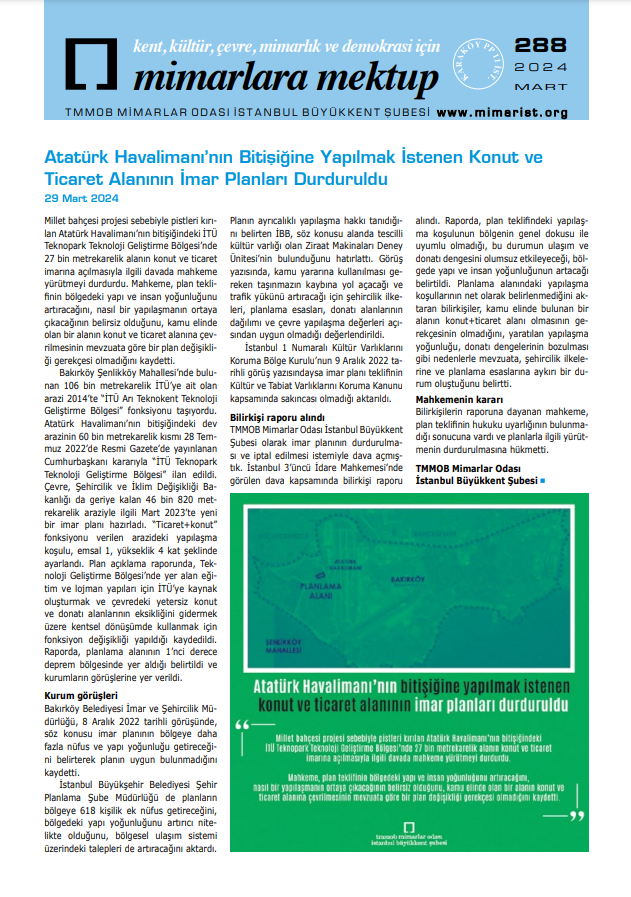 Mimarlara Mektup Sayı 288 Mimarlar Odası İstanbul Büyükkent Şubesi